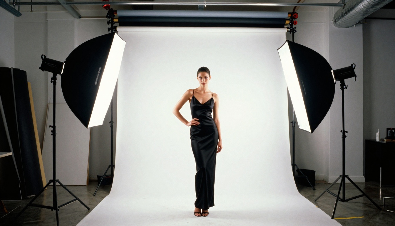 Professional model in black silk dress photographed in softbox studio Professional model in black silk dress photographed in softbox studio
