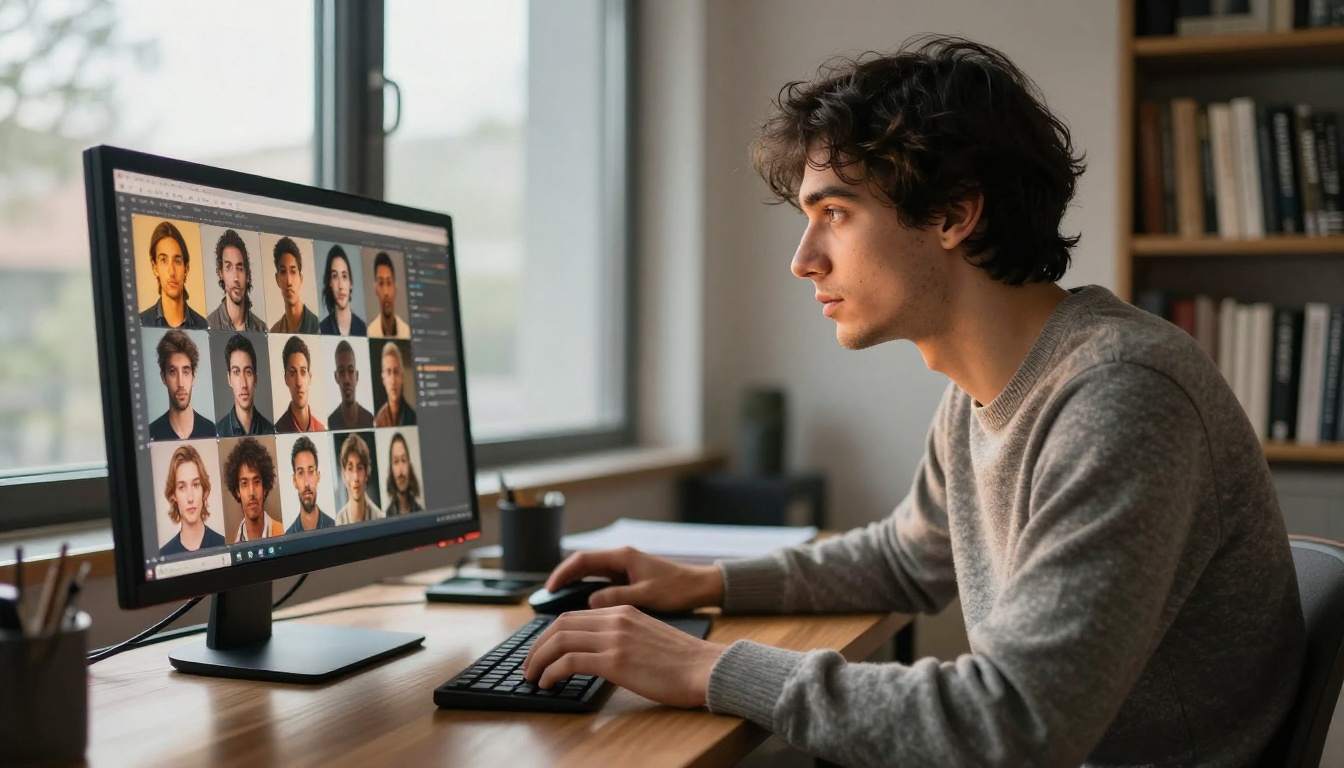 Young man browsing AI-generated portrait images on ultrawide monitor in modern apartment Young man browsing AI-generated portrait images on ultrawide monitor in modern apartment