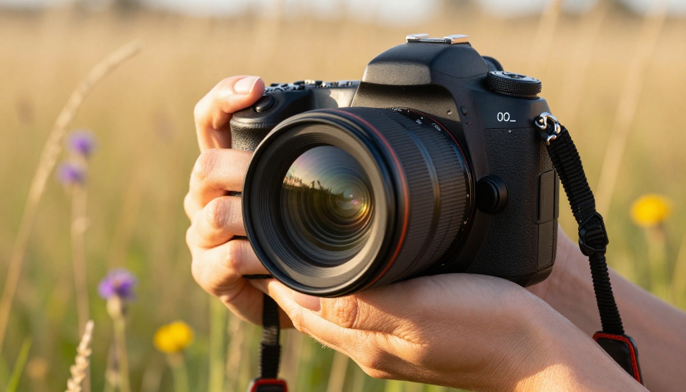 Creative professional holding DSLR camera in sun-drenched golden meadow with wildflowers Creative professional holding DSLR camera in sun-drenched golden meadow with wildflowers