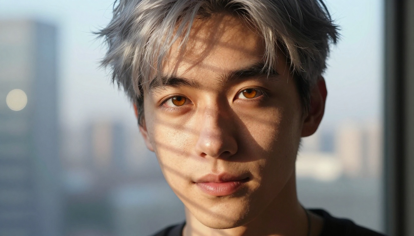 Portrait: young man with amber eyes and confident half-smile, city skyline at dawn Portrait: young man with amber eyes and confident half-smile, city skyline at dawn