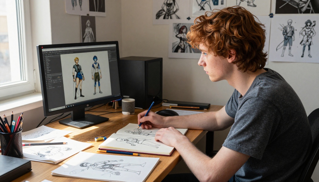 Creative studio: young man with auburn hair working at desk with sketchbooks Creative studio: young man with auburn hair working at desk with sketchbooks