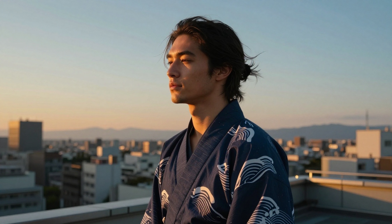 Young man in navy yukata at golden hour on a rooftop Young man in navy yukata at golden hour on a rooftop