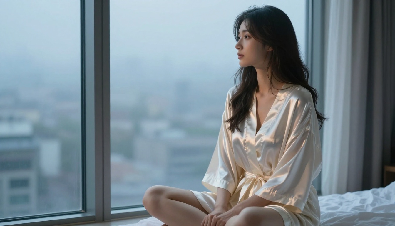 Woman in satin robe at window Woman in satin robe at window
