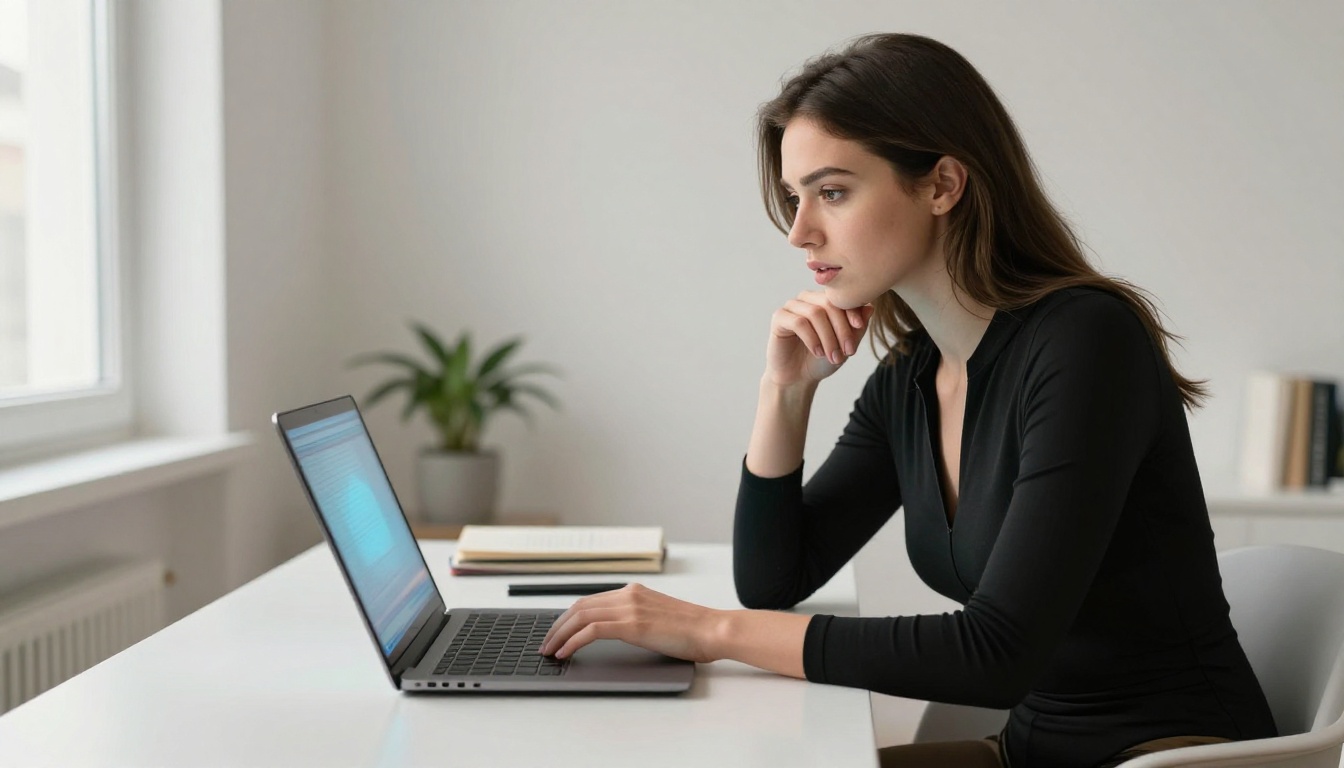 Woman at laptop in black bodysuit Woman at laptop in black bodysuit
