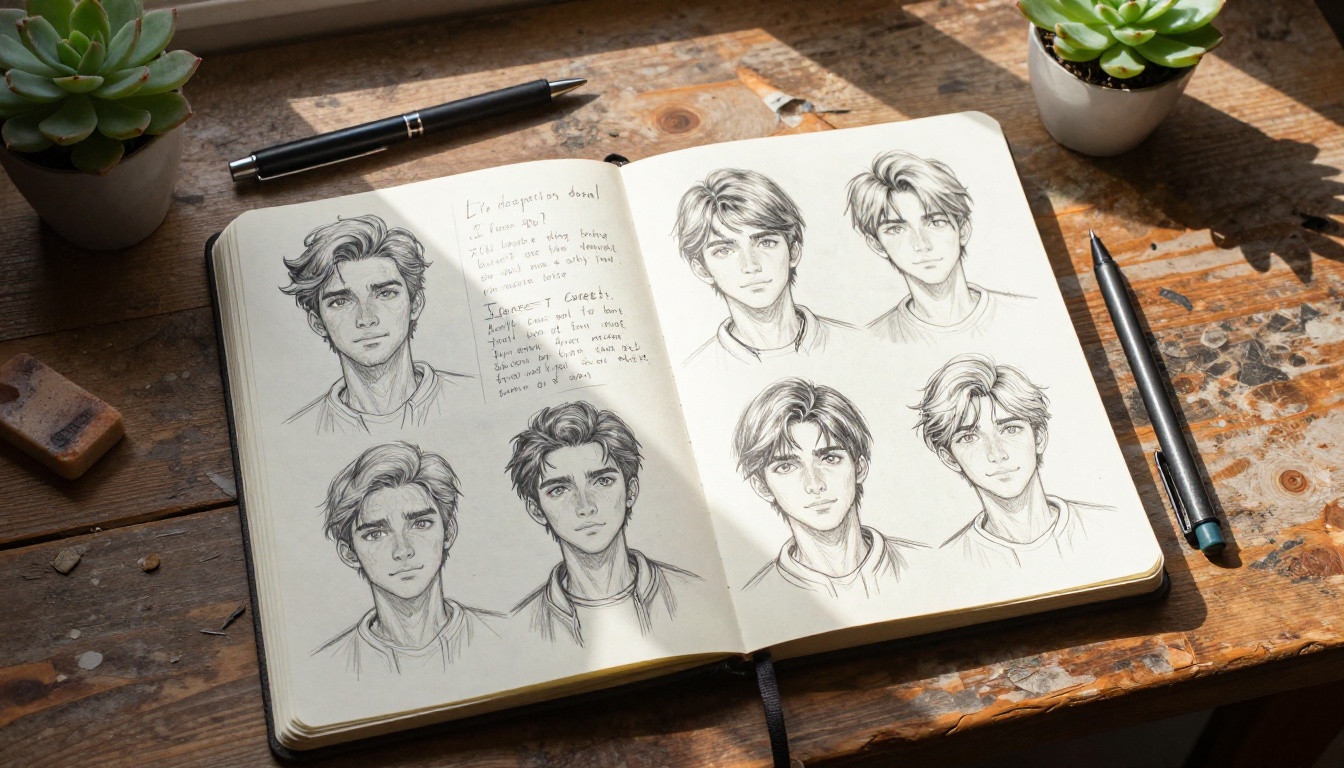 Character design workspace with sketchbooks and creative tools Character design workspace with sketchbooks and creative tools