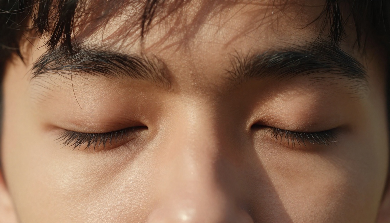 Extreme close-up portrait: young man with eyes closed, macro detail Extreme close-up portrait: young man with eyes closed, macro detail