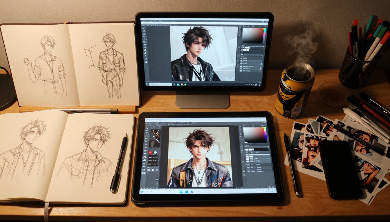 Aerial view: character design workspace with sketchbooks and drawing tablet Aerial view: character design workspace with sketchbooks and drawing tablet