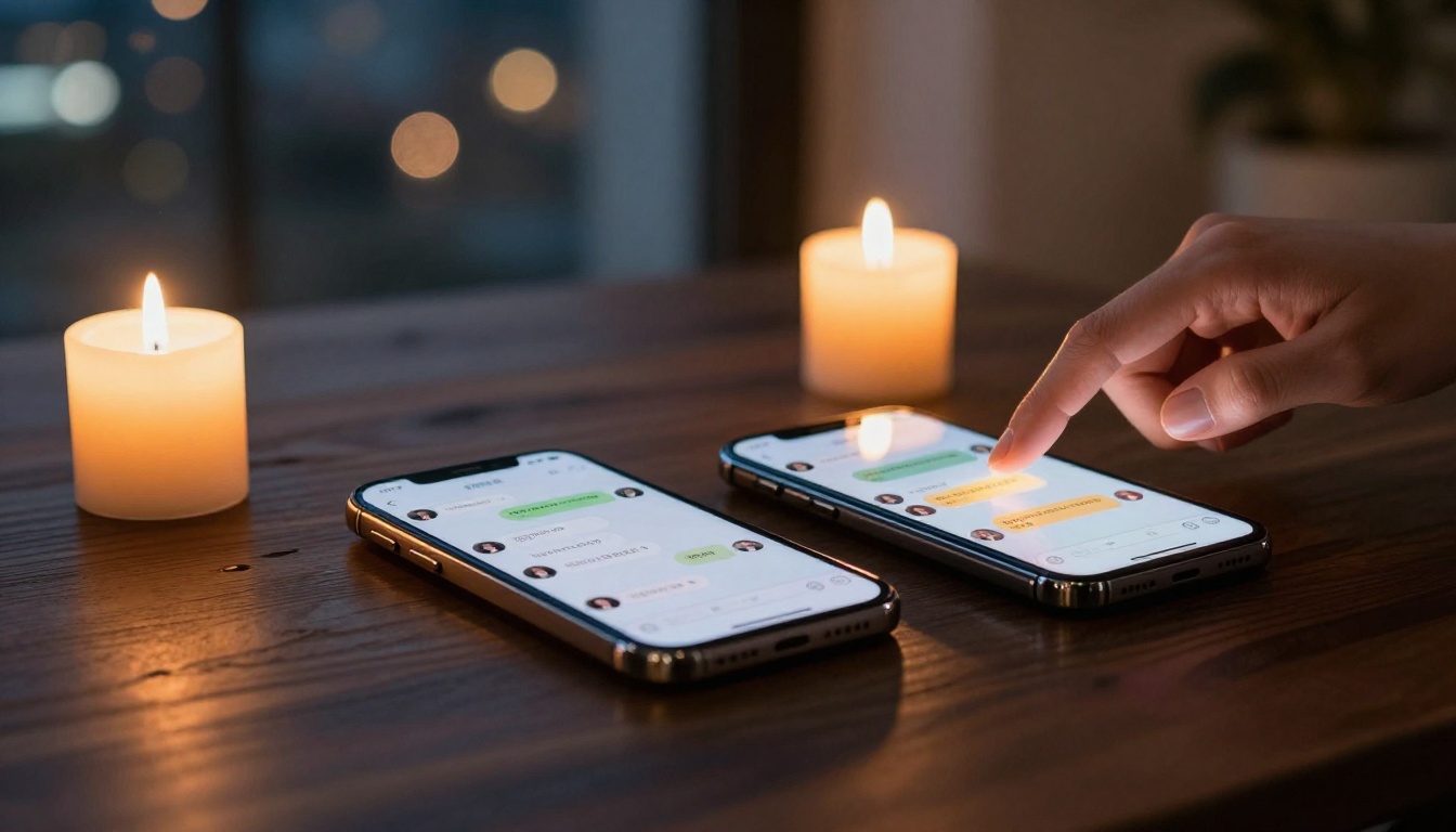 Two phones with candles on walnut table Two phones with candles on walnut table