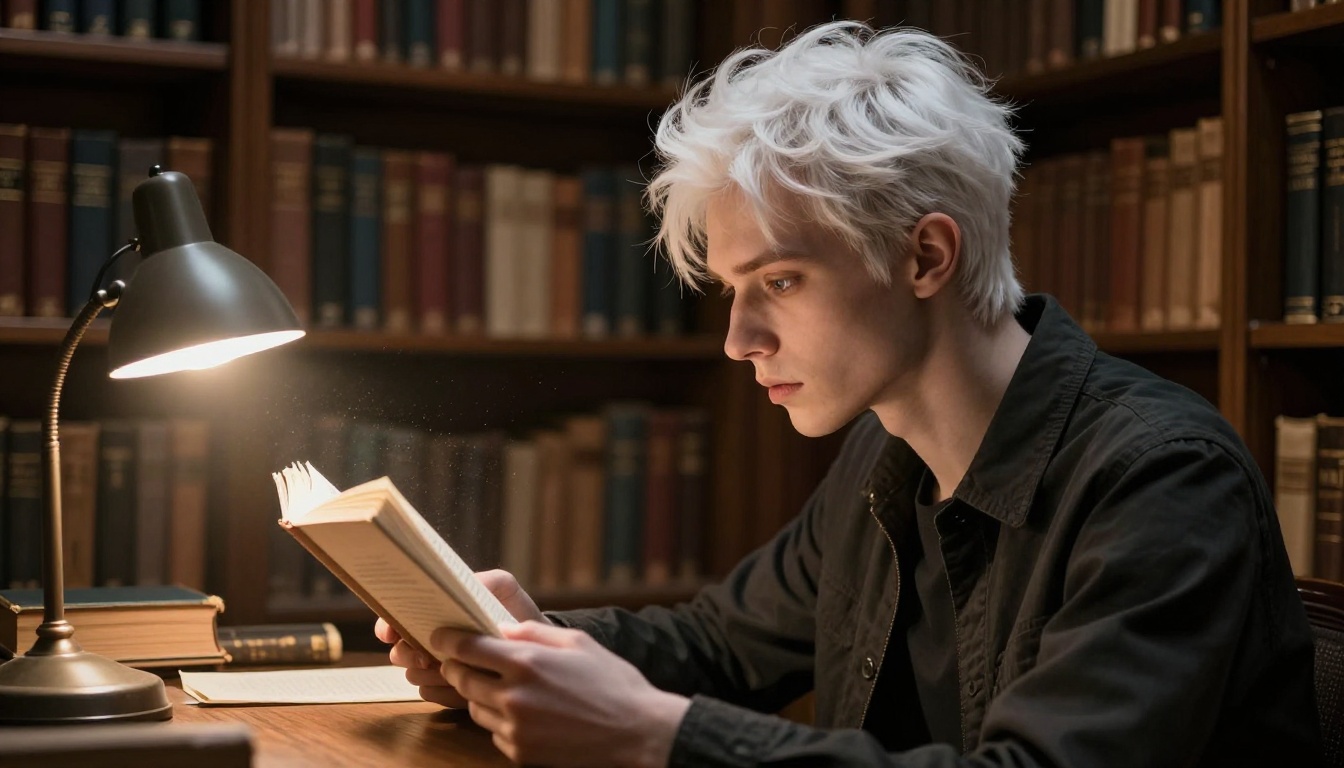 Young man with white hair reading in a dim library, dramatic underlighting Young man with white hair reading in a dim library, dramatic underlighting