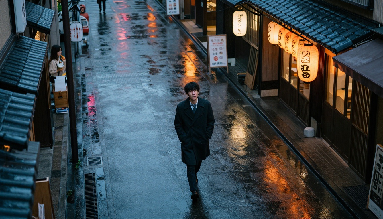 Young man on rain-wet Japanese street at dusk, aerial perspective Young man on rain-wet Japanese street at dusk, aerial perspective