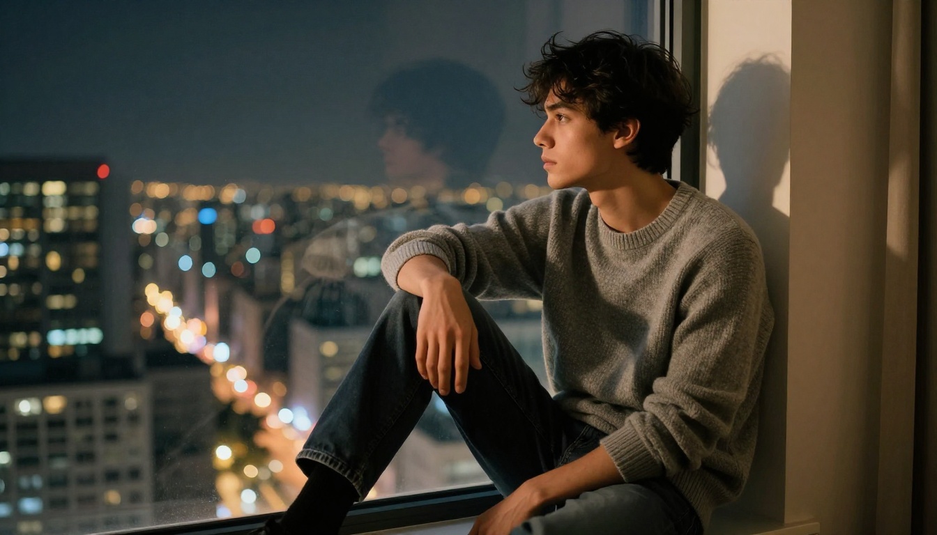 Thoughtful young man on window sill at night overlooking city lights Thoughtful young man on window sill at night overlooking city lights