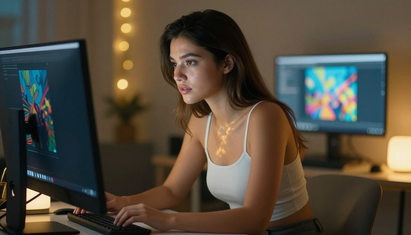 Woman at a sleek modern desk browsing AI-generated artwork on a large monitor, warm amber and blue light