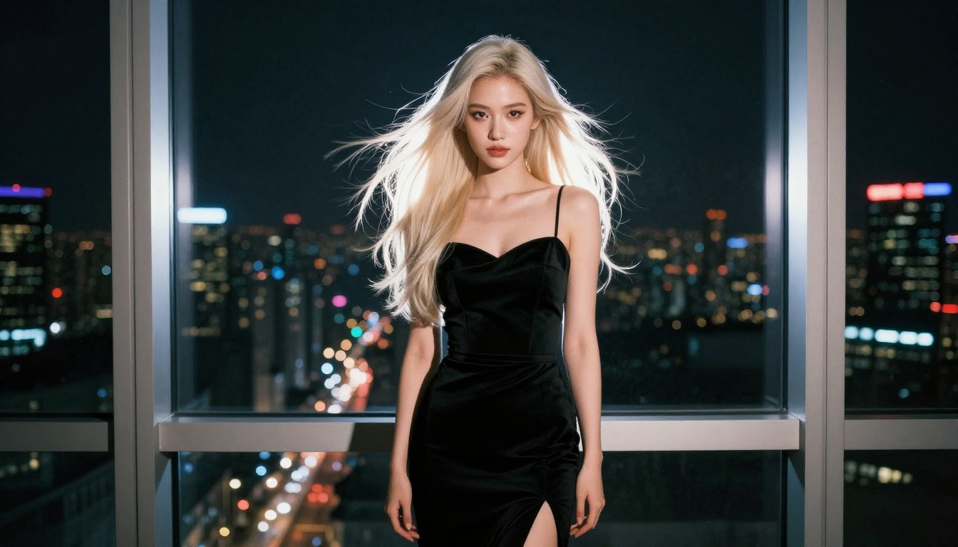 Glamorous waifu portrait at night city window