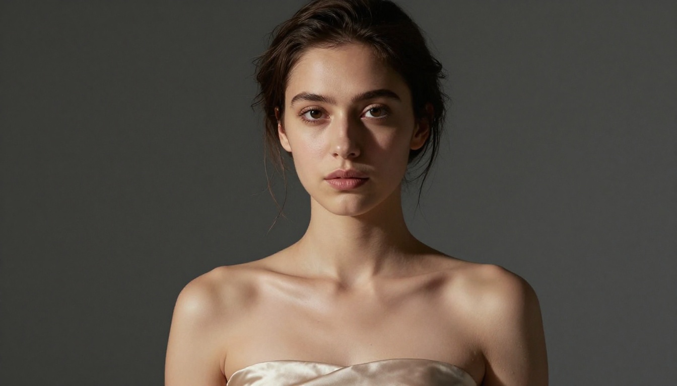 Studio portrait of a young woman with dramatic split lighting, champagne strapless silk dress against gray backdrop