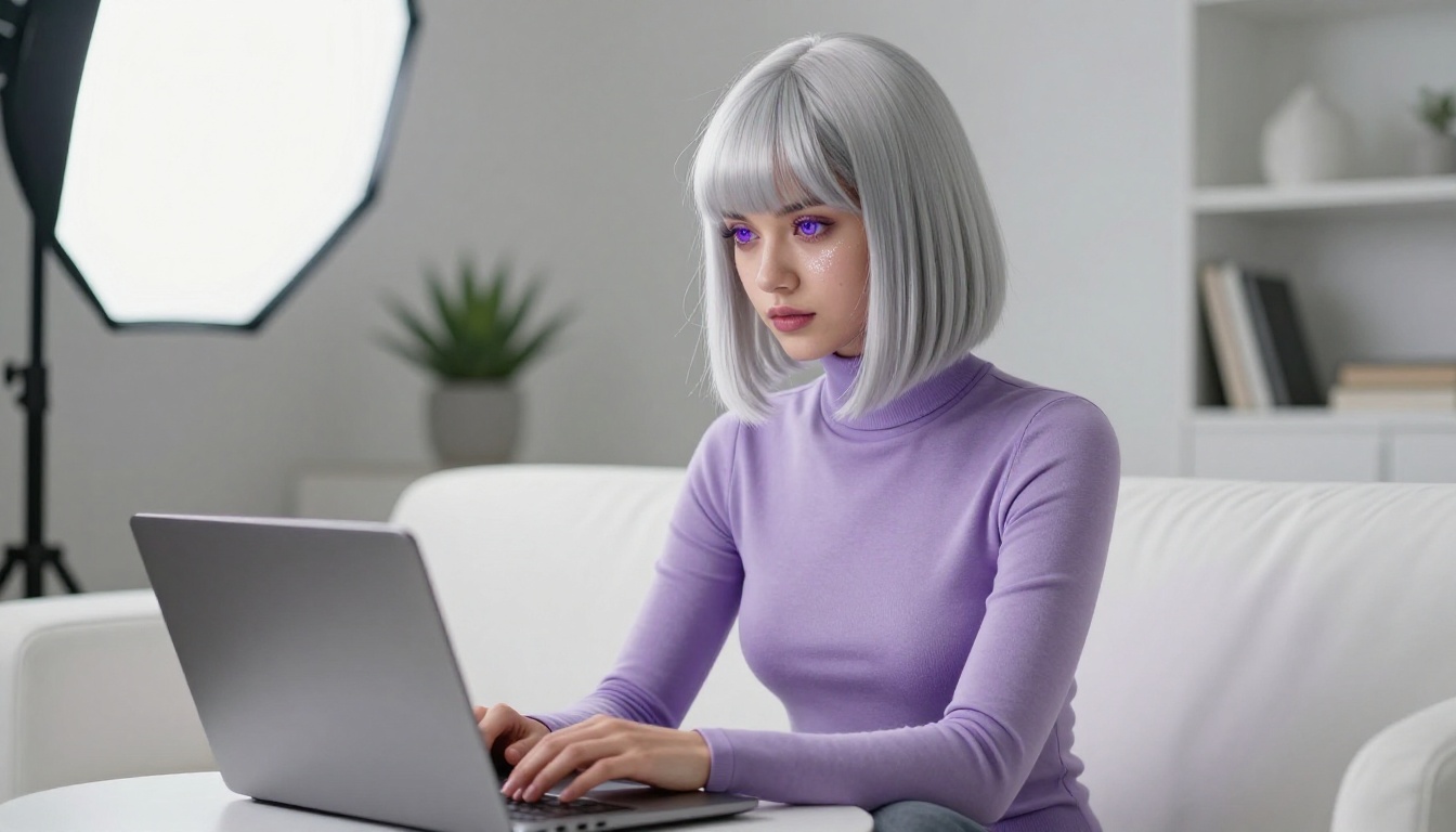 AI waifu with violet eyes browsing on laptop