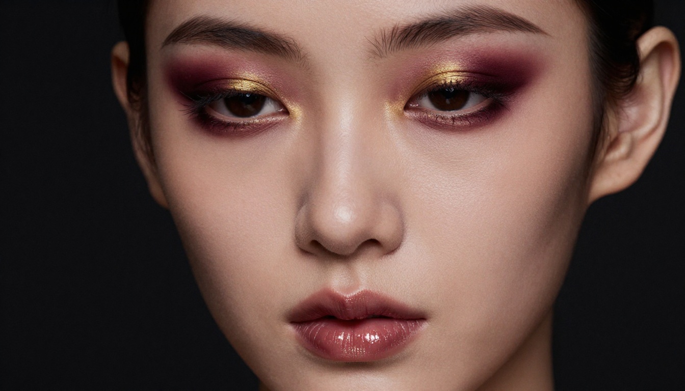 Close-up beauty portrait of a young woman with artistic burgundy and gold eye makeup, dark studio background