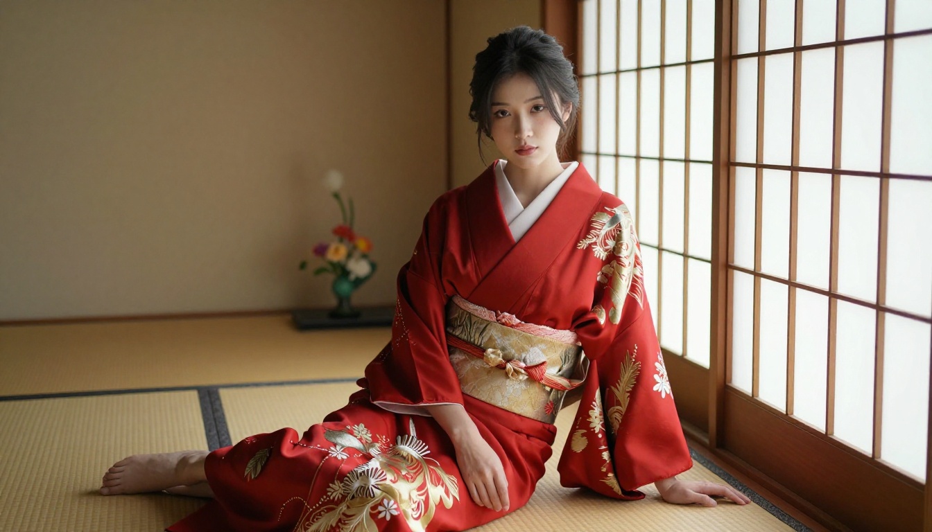 Beautiful woman in elegant red and gold Japanese silk kimono seated on tatami, natural diffused afternoon light