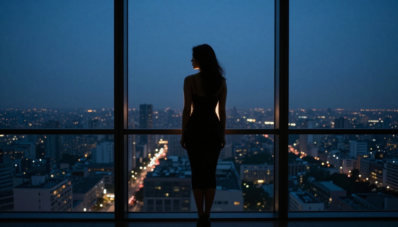 Woman standing as silhouette before a floor-to-ceiling city window at blue hour, city lights visible through glass
