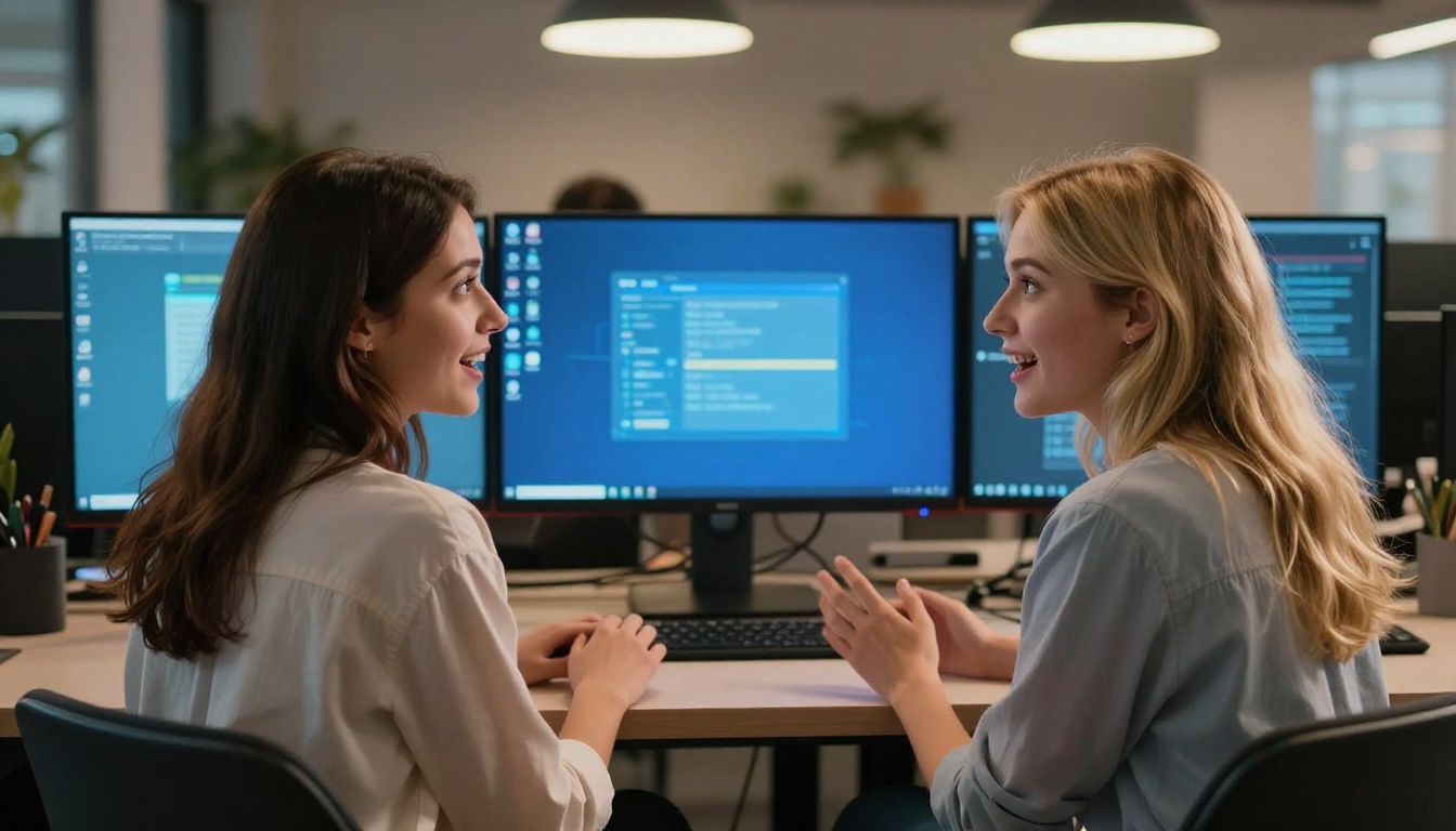 Two young women seated at dual monitors viewing AI artwork with warm and cool light interplay on their faces