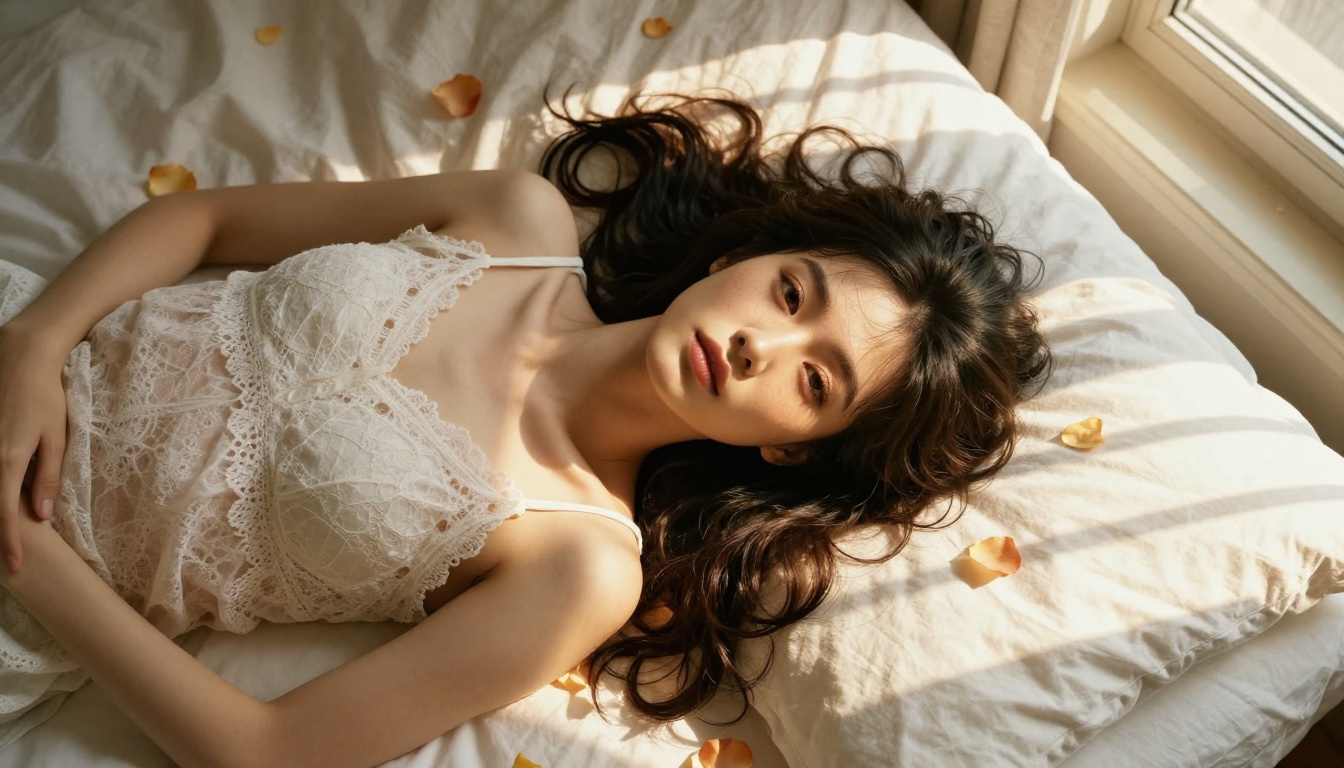 Waifu lying on bed with rose petals, dreamy aesthetic