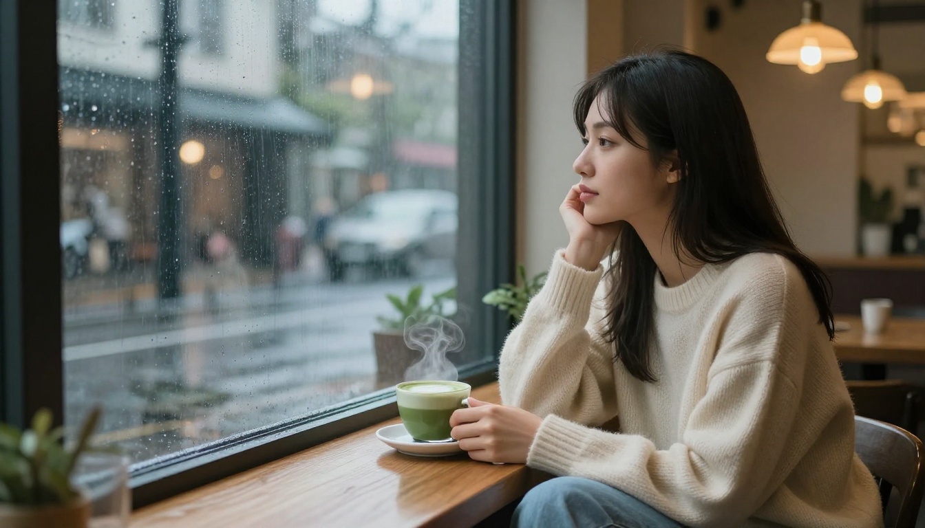 Rainy cafe waifu in cream knit sweater, matcha latte