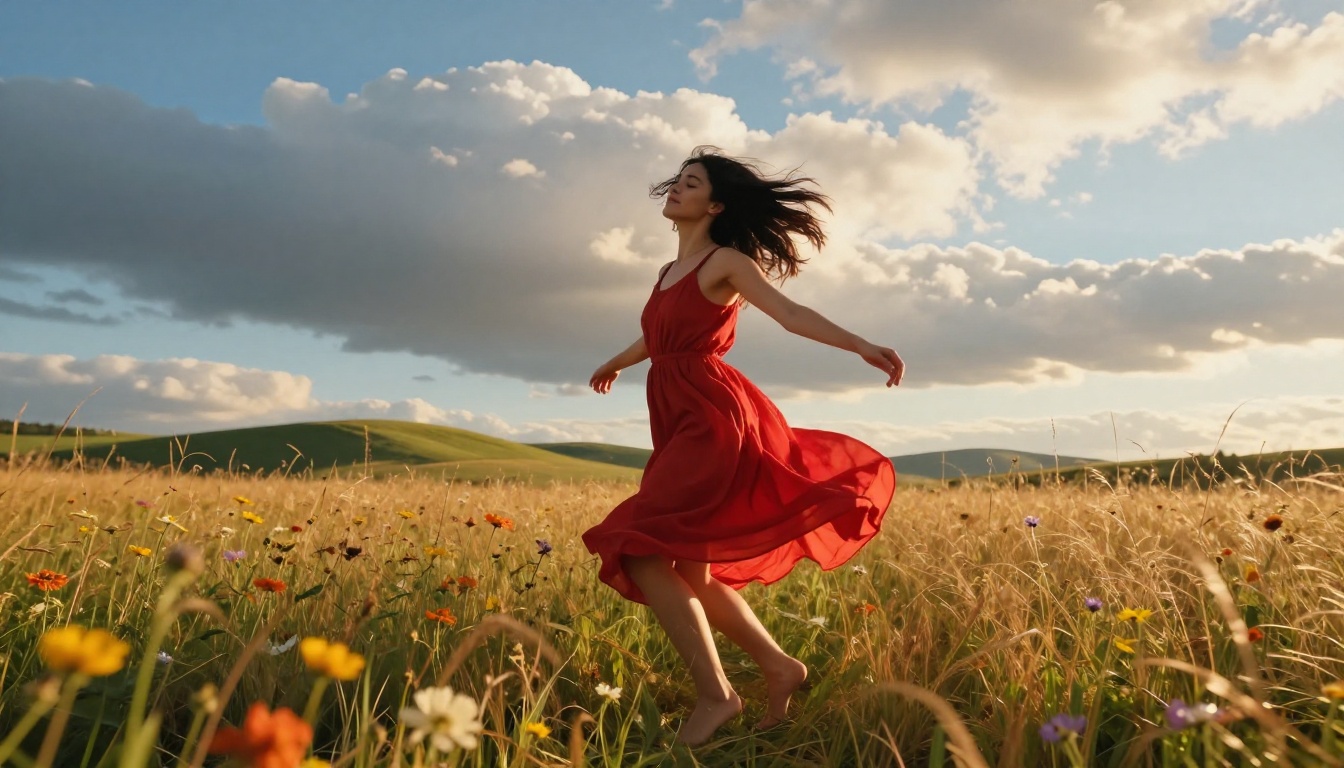 Waifu in red dress dancing in sunlit wildflower meadow