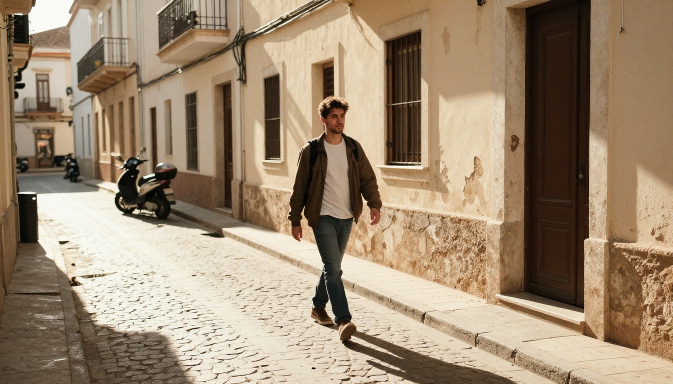 Candid photograph of a man walking through a sun-drenched Mediterranean street with volumetric morning light Candid photograph of a man walking through a sun-drenched Mediterranean street with volumetric morning light