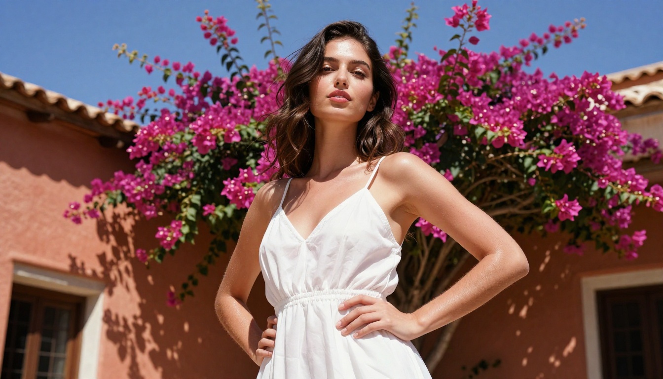 Beautiful woman in Mediterranean courtyard, low-angle portrait, natural summer light, photorealistic