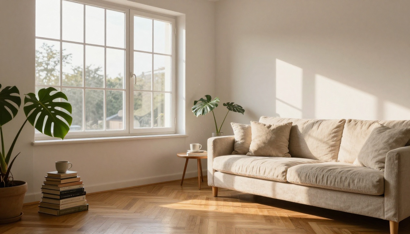 Bright Scandinavian living room with golden hour light streaming through floor-to-ceiling windows Bright Scandinavian living room with golden hour light streaming through floor-to-ceiling windows