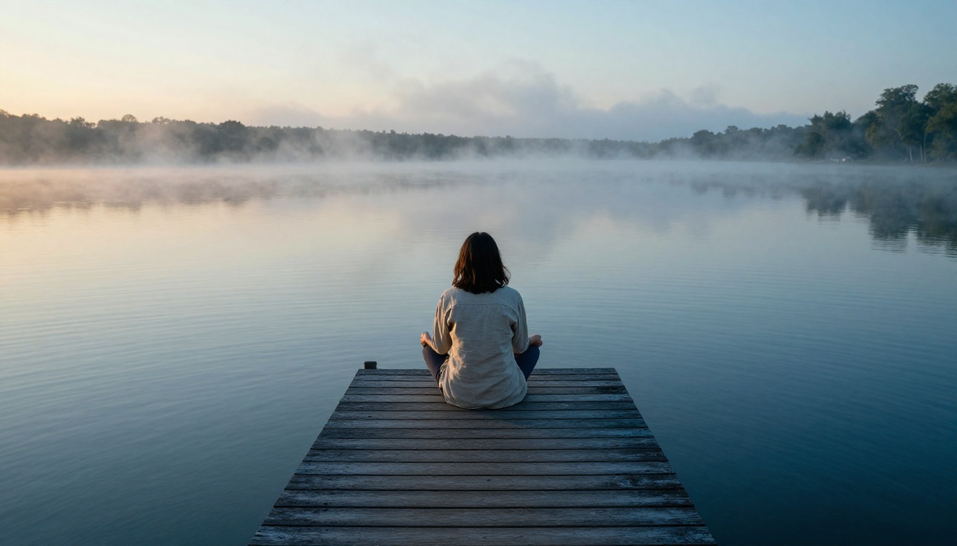 Woman sitting cross-legged on a wooden pier over a calm misty lake at dawn, back to camera Woman sitting cross-legged on a wooden pier over a calm misty lake at dawn, back to camera