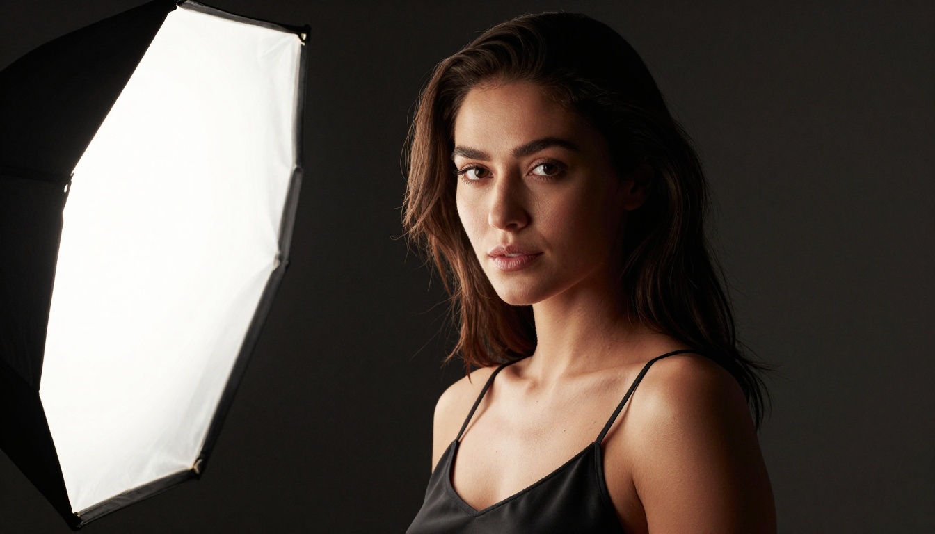 Studio portrait with dramatic split lighting, dark charcoal background, Hasselblad camera, Ilford grain, photorealistic