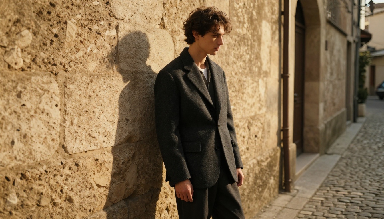 Man in charcoal wool blazer standing in a narrow cobblestone alley with afternoon sidelight Man in charcoal wool blazer standing in a narrow cobblestone alley with afternoon sidelight