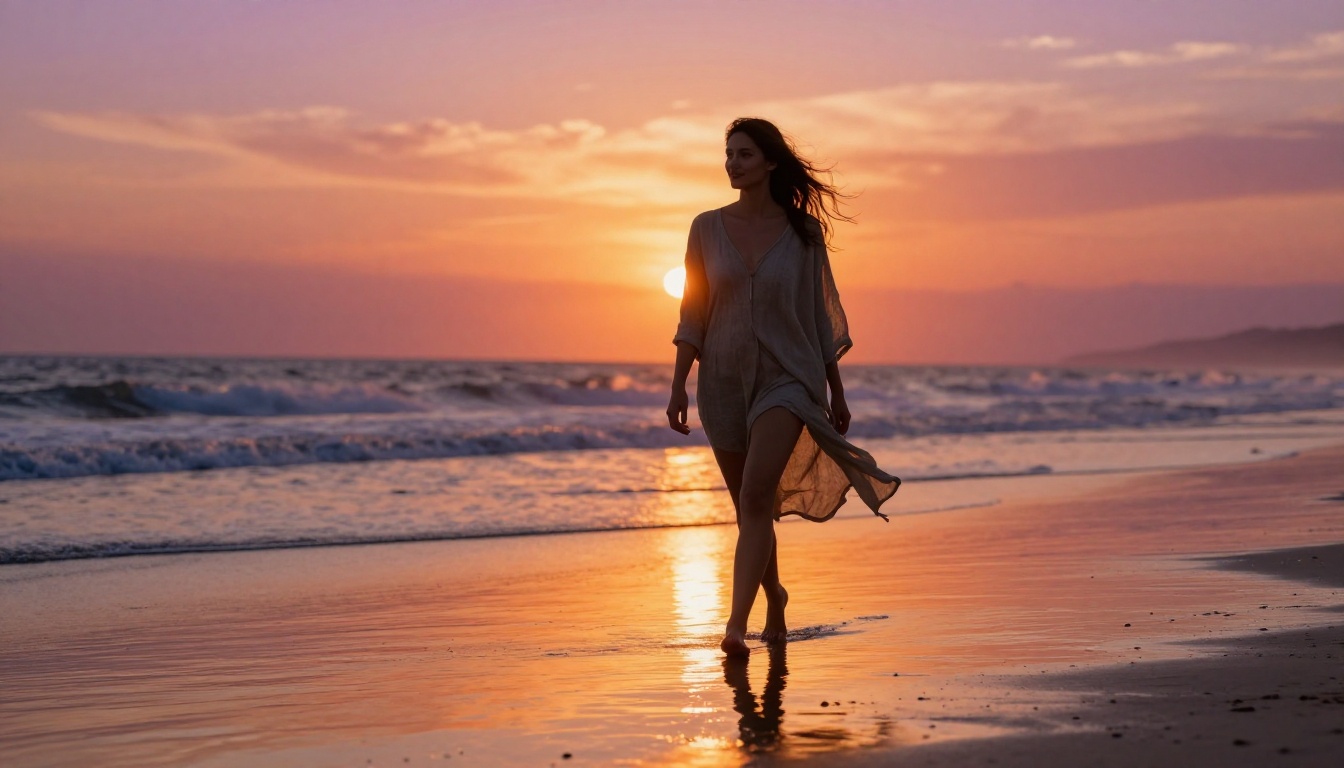 Woman on beach at golden sunset, telephoto compression, Nikon 200mm lens, Kodak Portra 400, photorealistic portrait