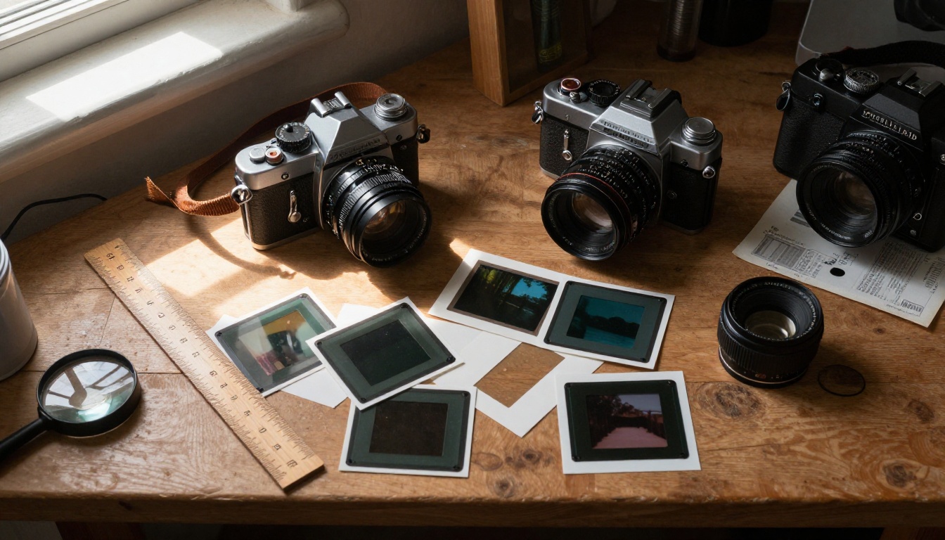 Overhead bird's eye view of a wooden photography workbench with vintage camera equipment and contact prints Overhead bird's eye view of a wooden photography workbench with vintage camera equipment and contact prints