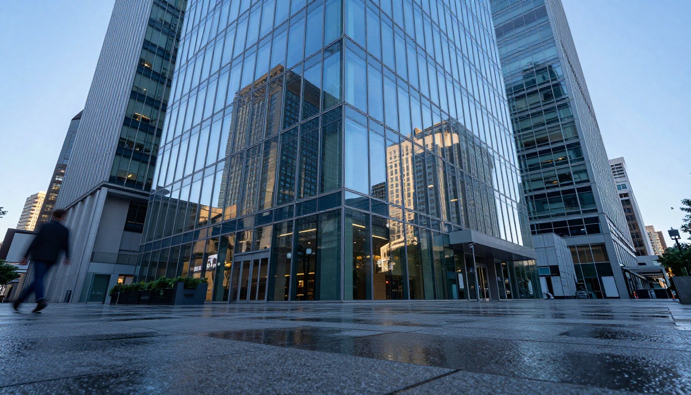 Low-angle street-level view of a modern glass office building during blue hour with rain reflections on pavement Low-angle street-level view of a modern glass office building during blue hour with rain reflections on pavement