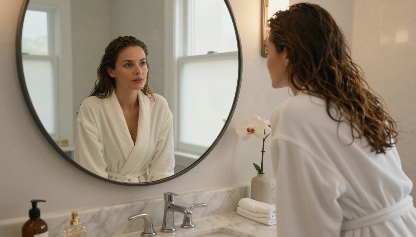 Woman at marble bathroom vanity, mirror reflection, morning light, Sony A7R V, Agfa grain, photorealistic lifestyle portrait