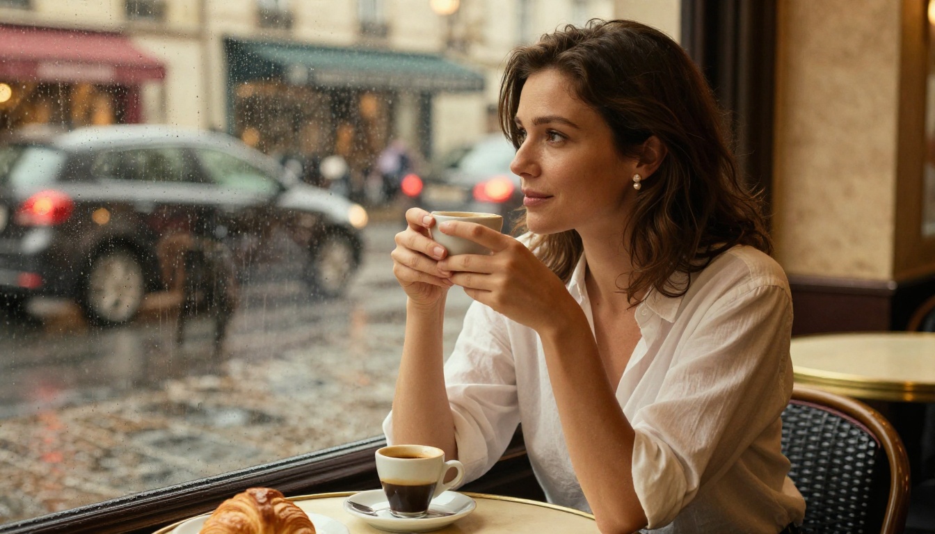 Candid portrait of woman in Paris cafe at rainy afternoon, Canon 85mm, Kodak Portra 800 grain, soft window light, photorealistic