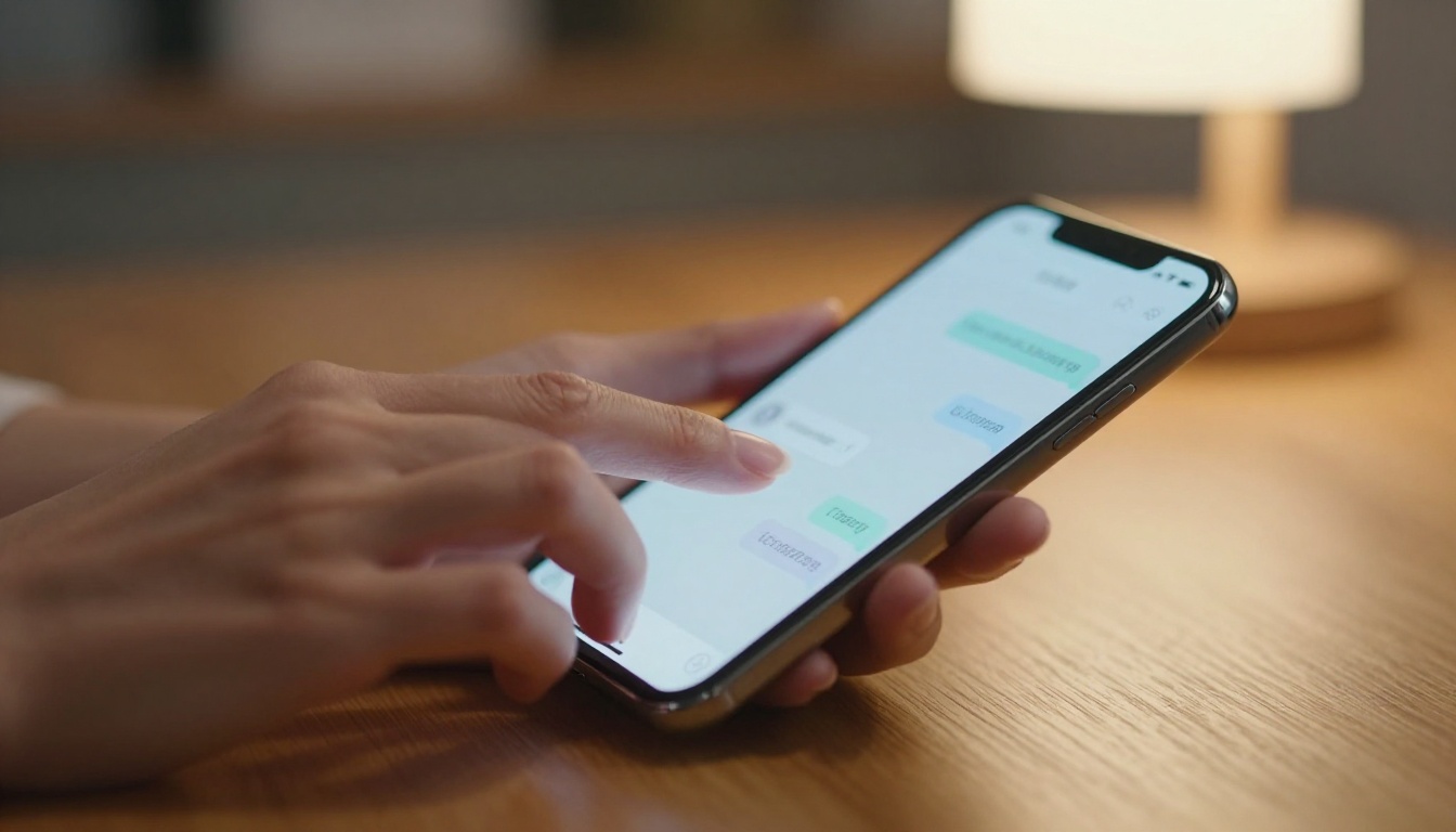 Macro close-up of elegant hands typing on a smartphone with a soft-glowing chat interface visible on screen Macro close-up of elegant hands typing on a smartphone with a soft-glowing chat interface visible on screen