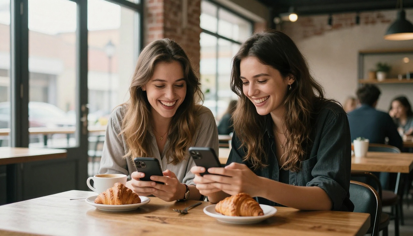 Two young women at a cozy cafe sharing a laugh, one showing her phone screen to the other, natural daylight from large windows Two young women at a cozy cafe sharing a laugh, one showing her phone screen to the other, natural daylight from large windows