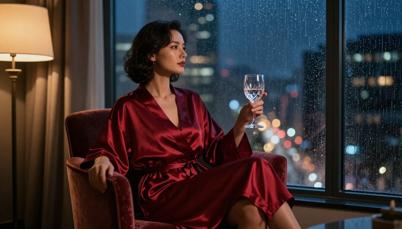 Elegant woman in a deep red silk robe sitting beside a floor-to-ceiling window at night, city lights glowing softly through rain-streaked glass behind her Elegant woman in a deep red silk robe sitting beside a floor-to-ceiling window at night, city lights glowing softly through rain-streaked glass behind her