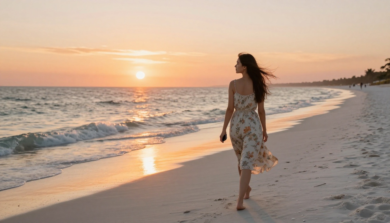 Young woman in a floral sundress walking barefoot on white sand at golden sunset, holding a phone loosely at her side Young woman in a floral sundress walking barefoot on white sand at golden sunset, holding a phone loosely at her side