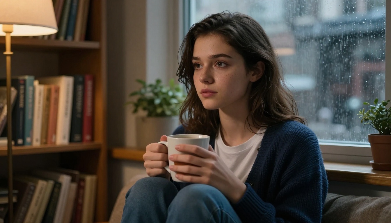Woman in cozy reading nook holding tea with thoughtful expression