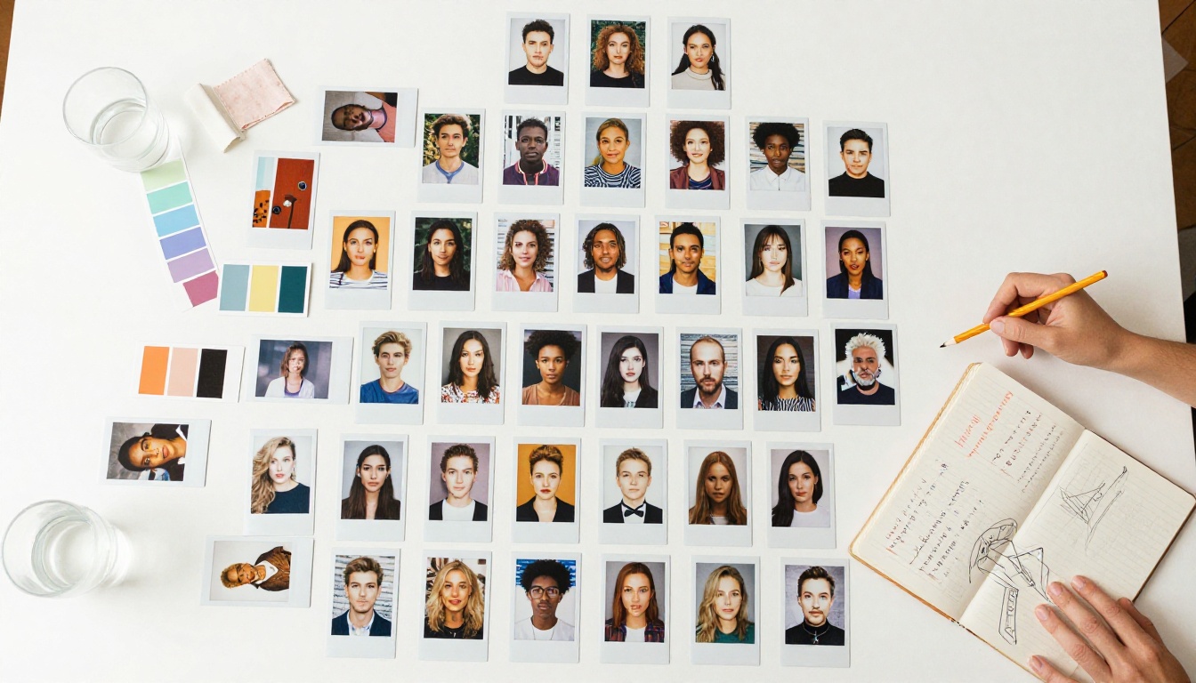 Creative mood board with polaroid photos and color swatches overhead