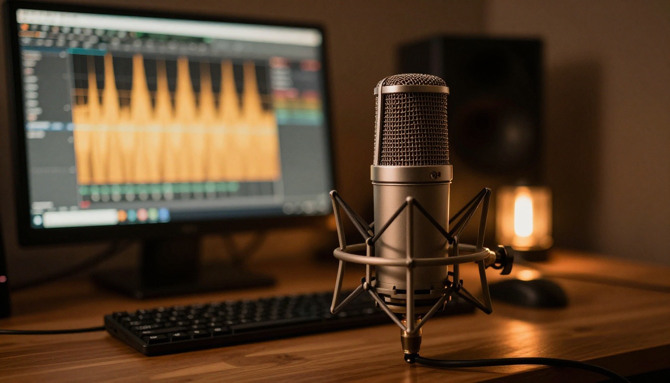 Professional studio microphone with audio waveform glowing on screen