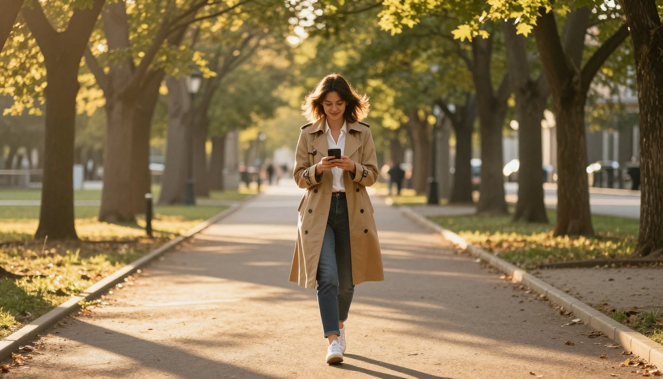 Woman walking alone through golden hour urban park
