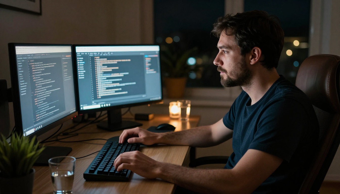 Man at night with dual monitors in focused home office setup