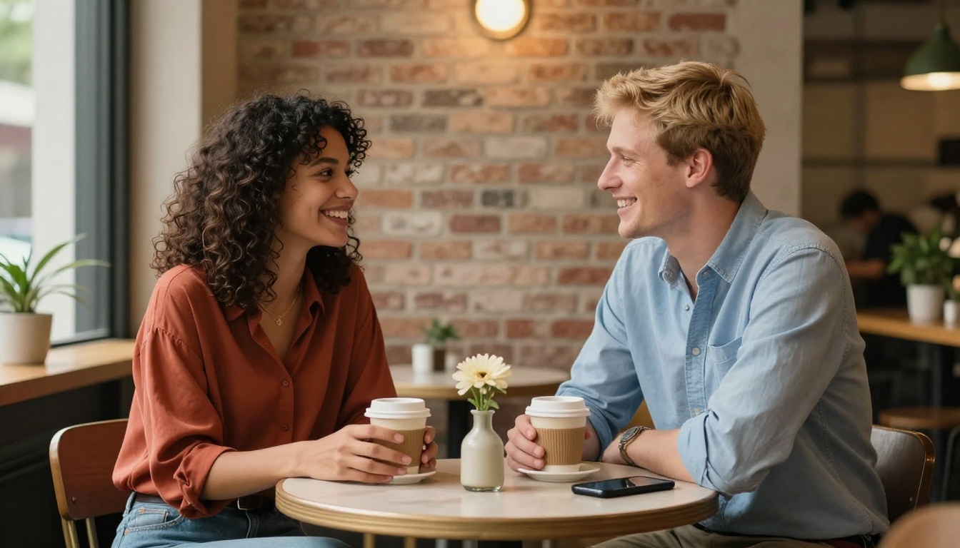 Two friends having genuine conversation and laughing at café table