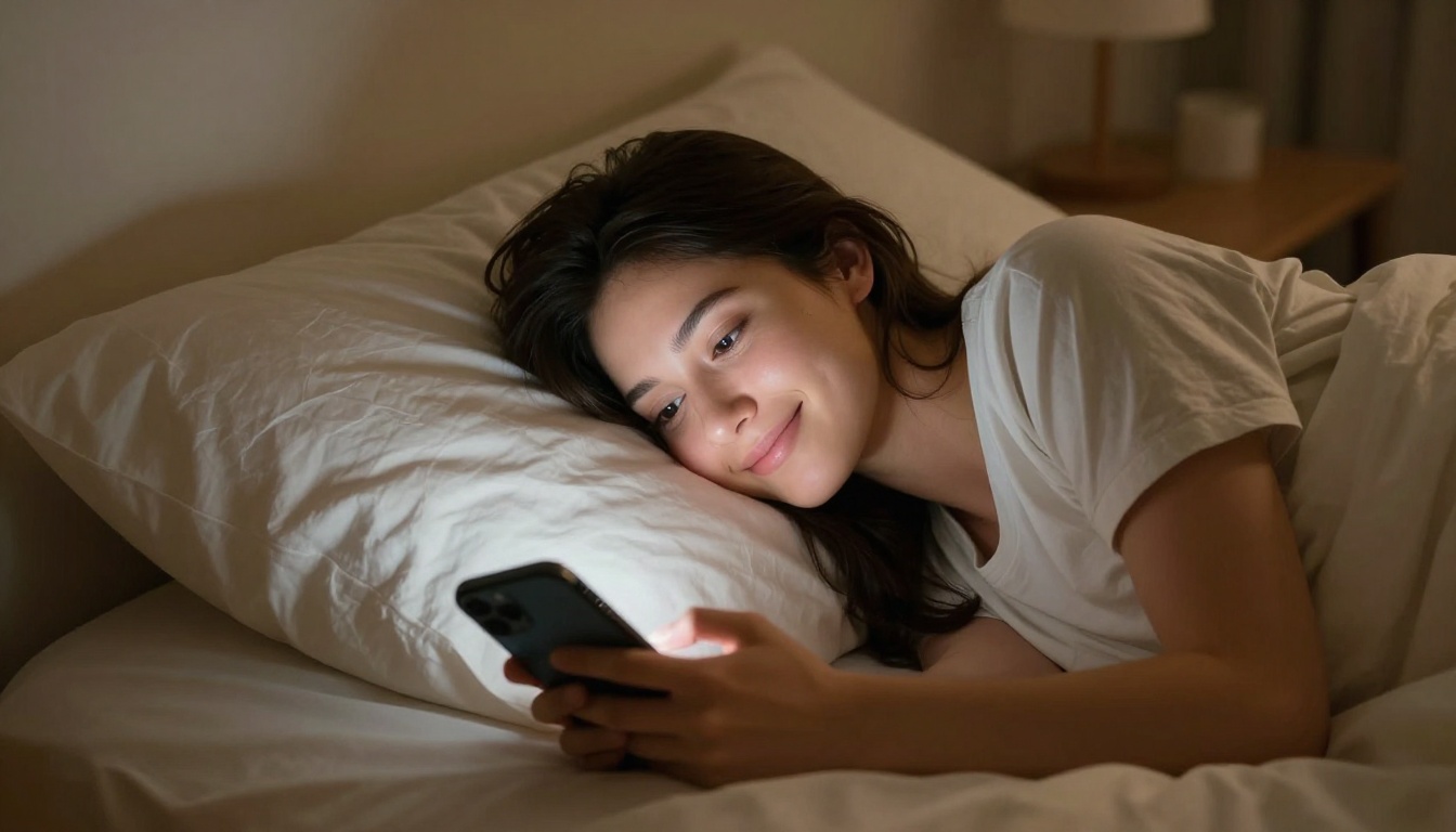 Woman lying in bed at night holding phone with soft smile, warm amber lamp light