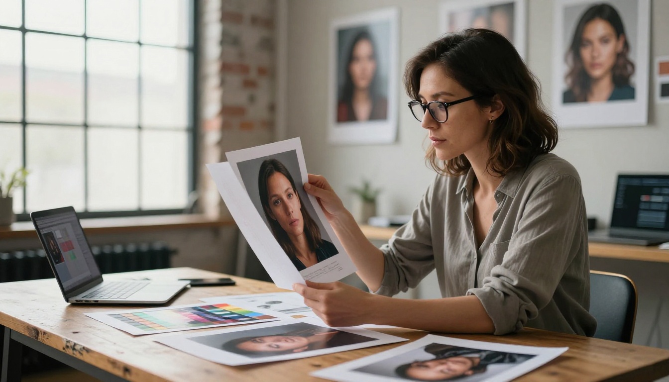 A professional photographer studies two AI-generated portrait prints side by side at a studio desk, evaluating fine differences in skin rendering and realism A professional photographer studies two AI-generated portrait prints side by side at a studio desk, evaluating fine differences in skin rendering and realism