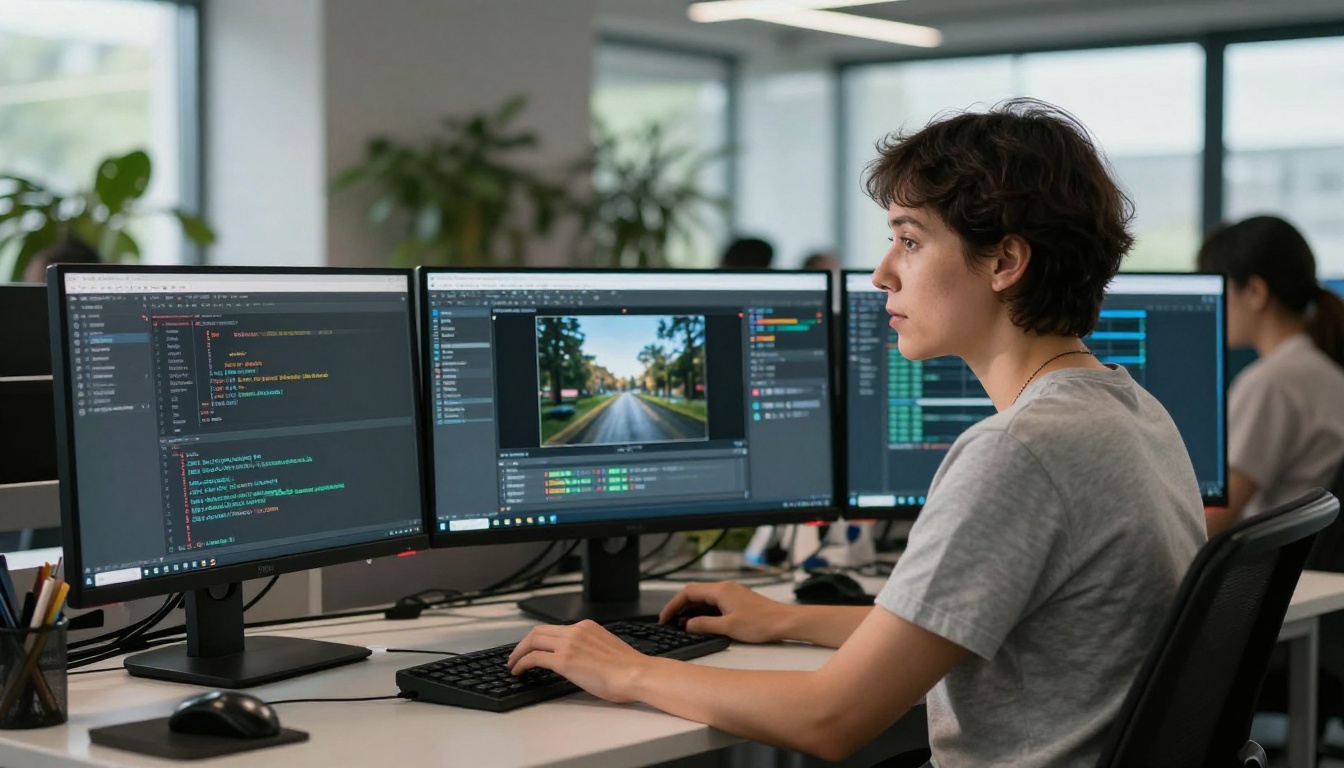 Software engineer at triple monitor workstation running image upscaling workflows Software engineer at triple monitor workstation running image upscaling workflows